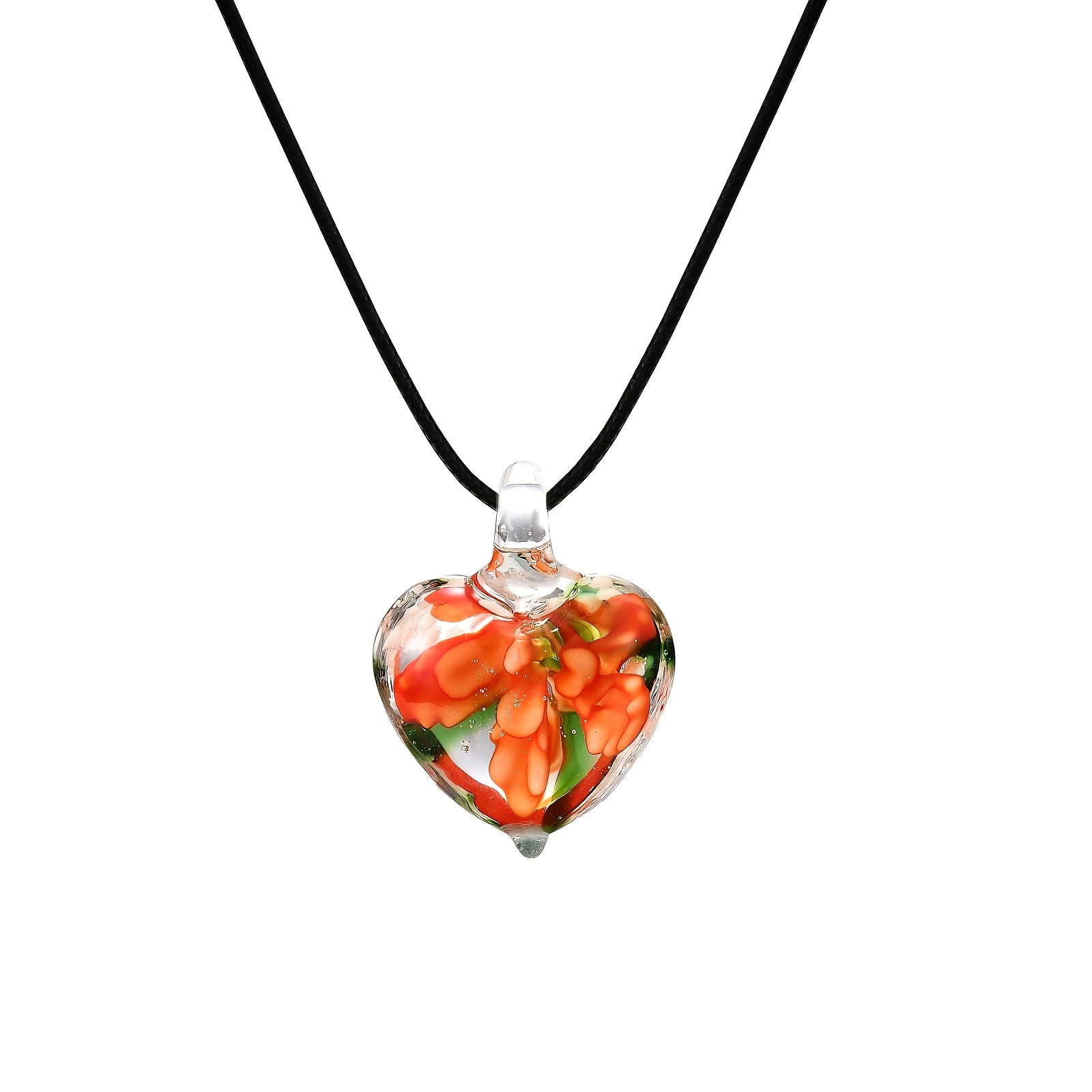 Handmade Glass Necklace with Glowing Heart Pendant, Floral Design